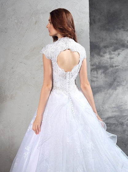 Ball Gown Sweetheart Lace Sleeveless Long Organza Wedding Dresses