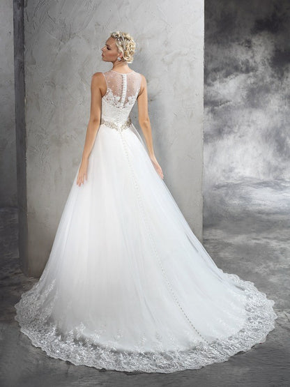 A-Line/Princess Sheer Neck Beading Sleeveless Long Net Wedding Dresses