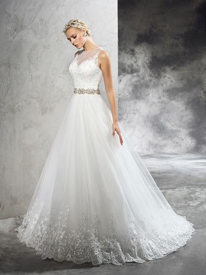 A-Line/Princess Sheer Neck Beading Sleeveless Long Net Wedding Dresses