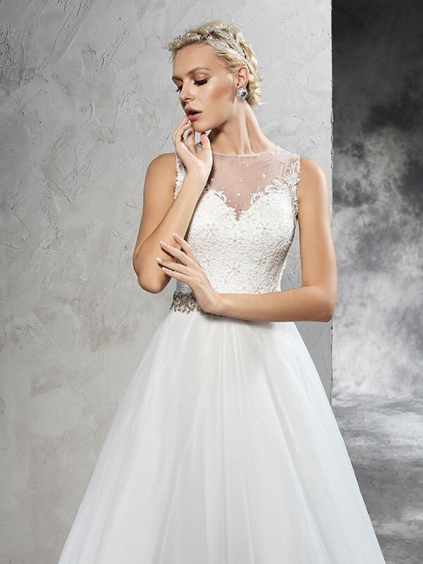 A-Line/Princess Sheer Neck Beading Sleeveless Long Net Wedding Dresses