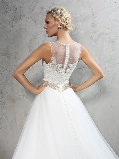 A-Line/Princess Sheer Neck Beading Sleeveless Long Net Wedding Dresses