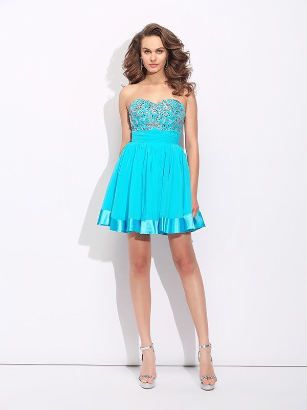 A-Line/Princess Sweetheart Ruffles Sleeveless Short Chiffon Dresses