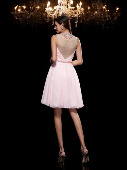 A-Line/Princess Scoop Beading Sleeveless Short Chiffon Dresses