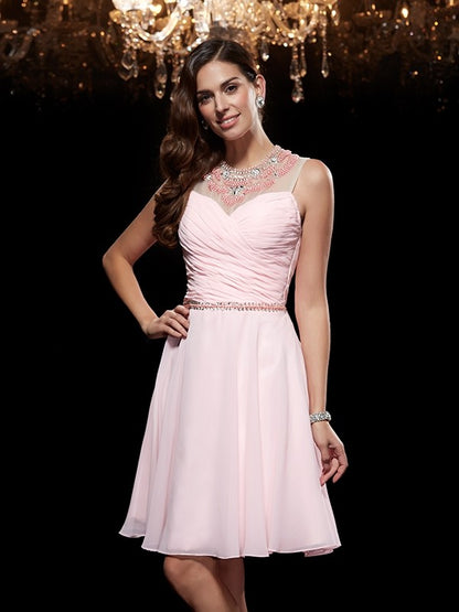 A-Line/Princess Scoop Beading Sleeveless Short Chiffon Dresses