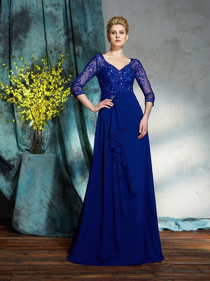 A-Line/Princess V-neck Sequin 3/4 Sleeves Long Chiffon Mother of the Bride Dresses