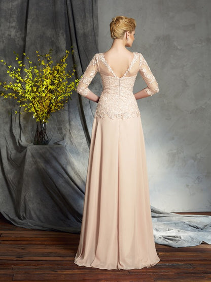 A-Line/Princess Scoop Applique 3/4 Sleeves Long Chiffon Mother of the Bride Dresses