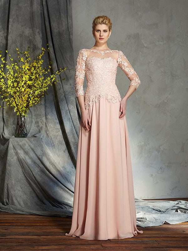 A-Line/Princess Scoop Applique 3/4 Sleeves Long Chiffon Mother of the Bride Dresses