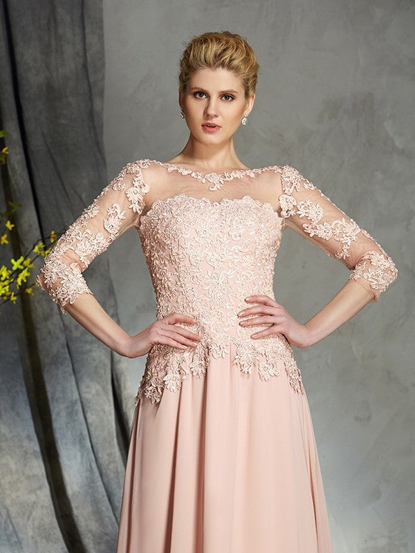 A-Line/Princess Scoop Applique 3/4 Sleeves Long Chiffon Mother of the Bride Dresses