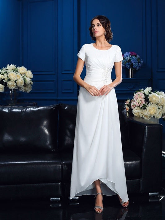 A-Line/Princess Scoop Short Sleeves High Low Chiffon Mother of the Bride Dresses