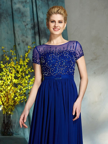 A-Line/Princess Scoop Beading Short Sleeves Long Chiffon Mother of the Bride Dresses