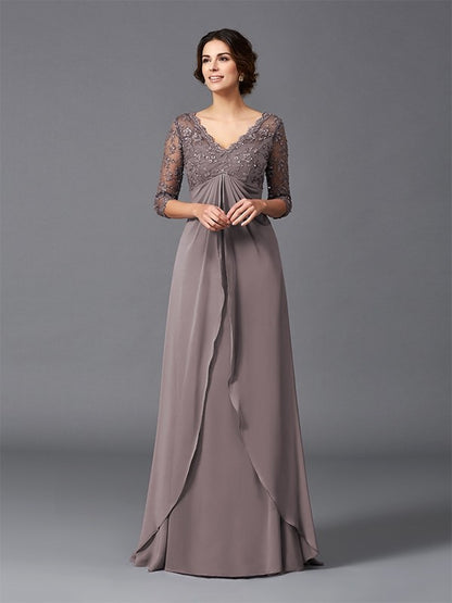 A-Line/Princess V-neck Lace 3/4 Sleeves Long Chiffon Mother of the Bride Dresses