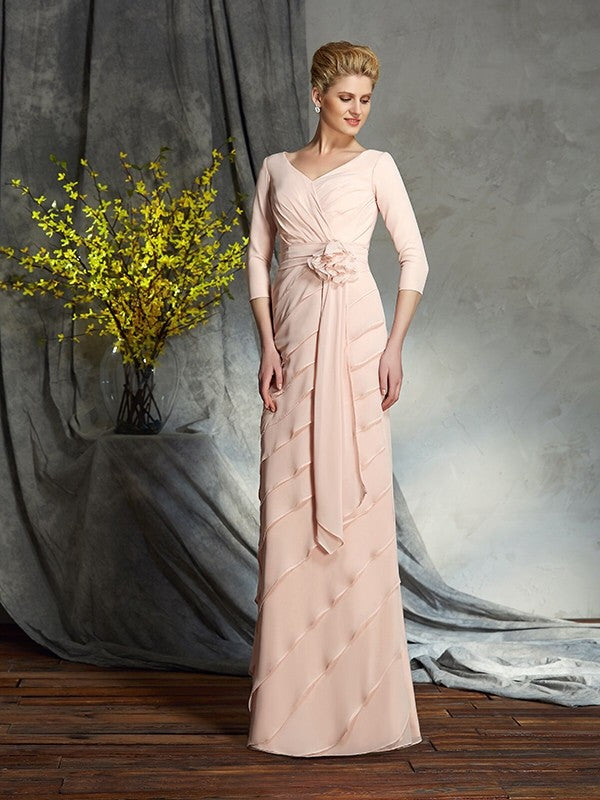 Sheath/Column V-neck Hand-Made Flower 3/4 Sleeves Long Chiffon Mother of the Bride Dresses