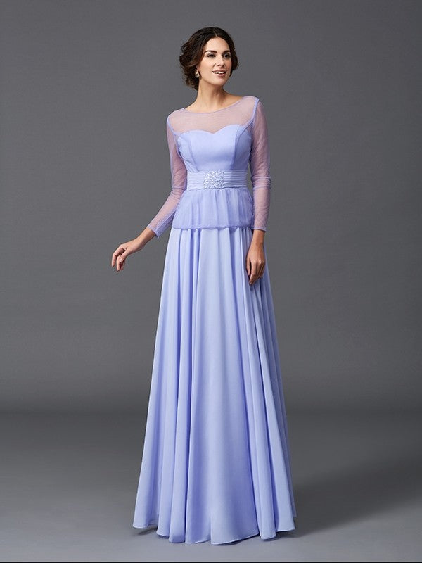 A-Line/Princess Scoop Ruffles Long Sleeves Long Chiffon Mother of the Bride Dresses