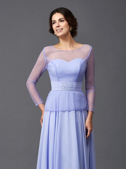 A-Line/Princess Scoop Ruffles Long Sleeves Long Chiffon Mother of the Bride Dresses