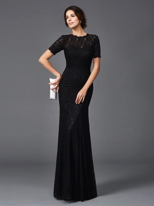 Sheath/Column Jewel Lace Short Sleeves Long  Woven Satin Mother of the Bride Dresses