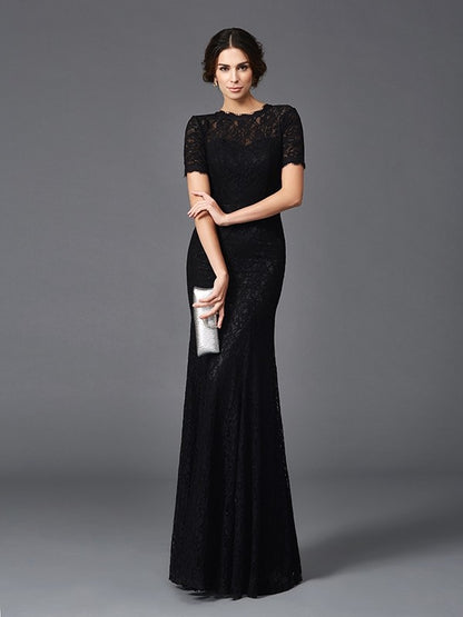 Sheath/Column Jewel Lace Short Sleeves Long  Woven Satin Mother of the Bride Dresses