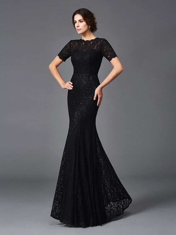 Sheath/Column Jewel Lace Short Sleeves Long  Woven Satin Mother of the Bride Dresses