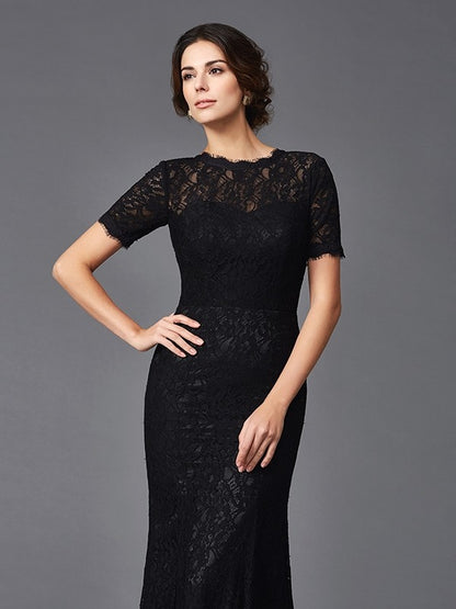 Sheath/Column Jewel Lace Short Sleeves Long  Woven Satin Mother of the Bride Dresses