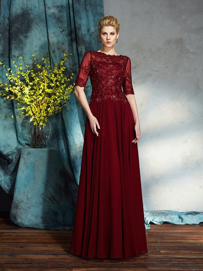 A-Line/Princess Bateau Applique 1/2 Sleeves Long Chiffon Mother of the Bride Dresses