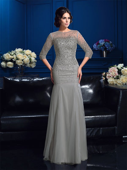 Sheath/Column Scoop Beading 3/4 Sleeves Long Net Mother of the Bride Dresses