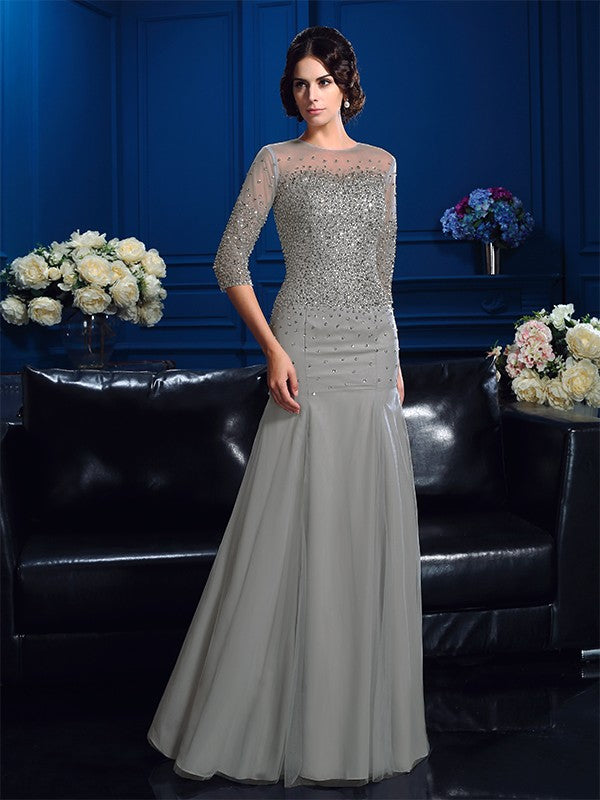 Sheath/Column Scoop Beading 3/4 Sleeves Long Net Mother of the Bride Dresses