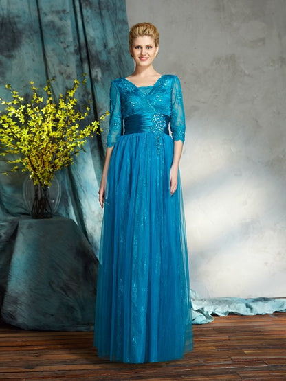 A-Line/Princess V-neck Applique 3/4 Sleeves Long Net Mother of the Bride Dresses