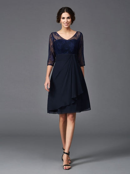 A-Line/Princess V-neck Lace 1/2 Sleeves Short Chiffon Mother of the Bride Dresses