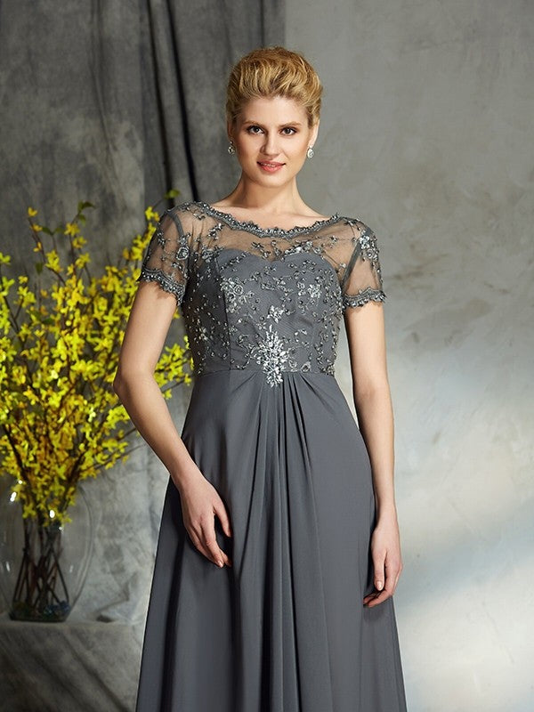 A-Line/Princess Scoop Applique Short Sleeves Long Chiffon Mother of the Bride Dresses