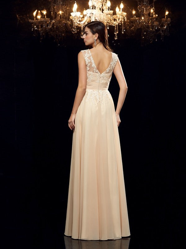 A-Line/Princess Straps Applique Sleeveless Long Chiffon Mother of the Bride Dresses