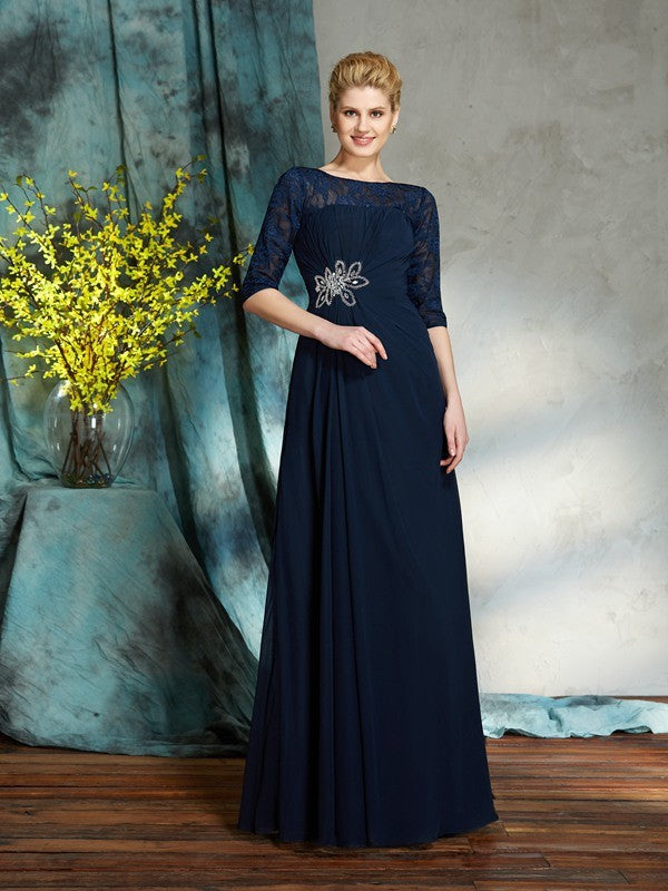 A-Line/Princess Bateau Beading 1/2 Sleeves Long Chiffon Mother of the Bride Dresse