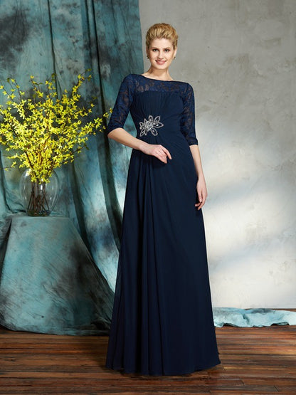 A-Line/Princess Bateau Beading 1/2 Sleeves Long Chiffon Mother of the Bride Dresse