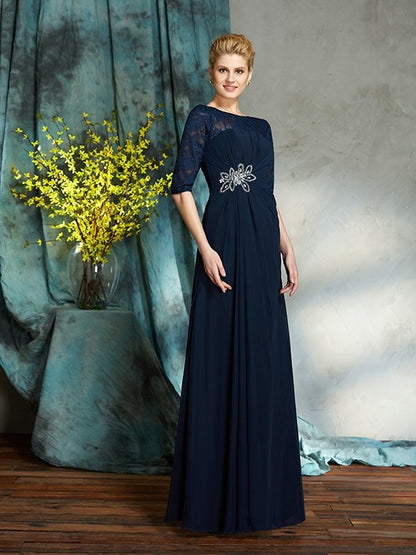 A-Line/Princess Bateau Beading 1/2 Sleeves Long Chiffon Mother of the Bride Dresse