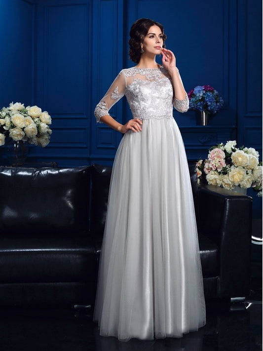 A-Line/Princess Scoop Applique 3/4 Sleeves Long  Woven Satin Mother of the Bride Dresses