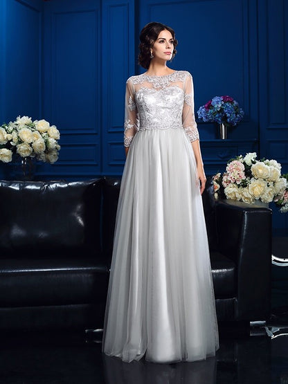 A-Line/Princess Scoop Applique 3/4 Sleeves Long  Woven Satin Mother of the Bride Dresses