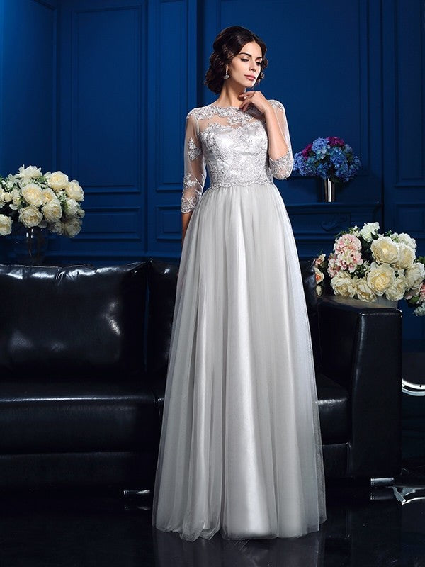 A-Line/Princess Scoop Applique 3/4 Sleeves Long  Woven Satin Mother of the Bride Dresses