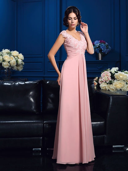 A-Line/Princess V-neck Applique Sleeveless Long Chiffon Mother of the Bride Dresses