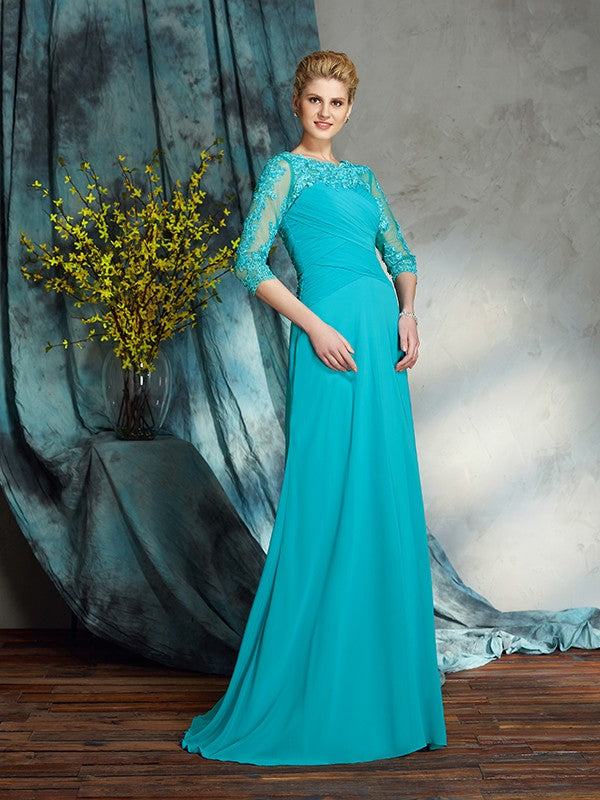 A-Line/Princess Bateau Applique 3/4 Sleeves Long Chiffon Mother of the Bride Dresses