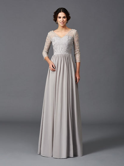 A-Line/Princess V-neck Ruffles 3/4 Sleeves Long Chiffon Mother of the Bride Dresses