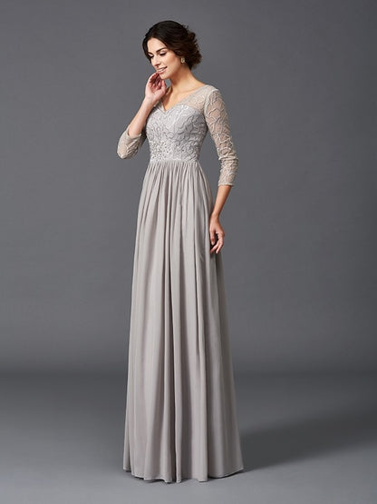 A-Line/Princess V-neck Ruffles 3/4 Sleeves Long Chiffon Mother of the Bride Dresses