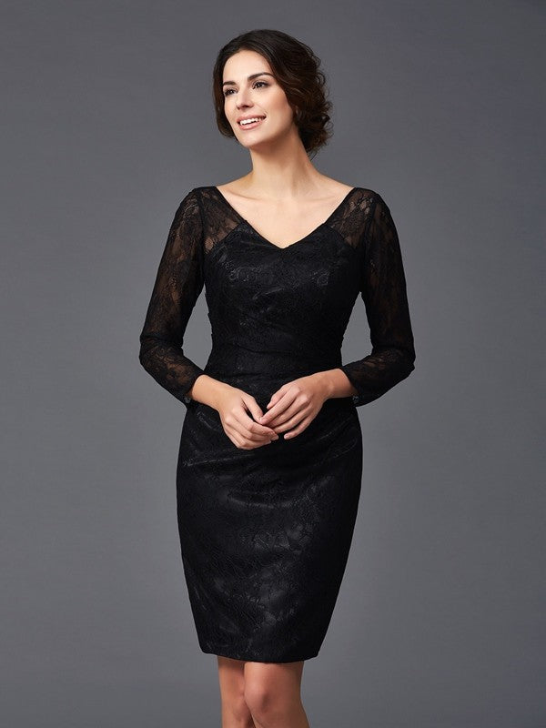 Sheath/Column V-neck Lace Long Sleeves Short  Woven Satin Mother of the Bride Dresses