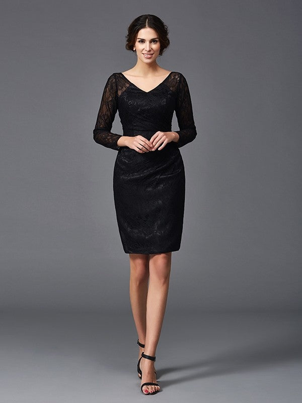 Sheath/Column V-neck Lace Long Sleeves Short  Woven Satin Mother of the Bride Dresses