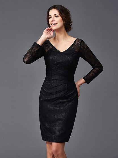 Sheath/Column V-neck Lace Long Sleeves Short  Woven Satin Mother of the Bride Dresses