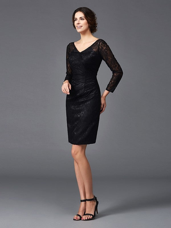 Sheath/Column V-neck Lace Long Sleeves Short  Woven Satin Mother of the Bride Dresses