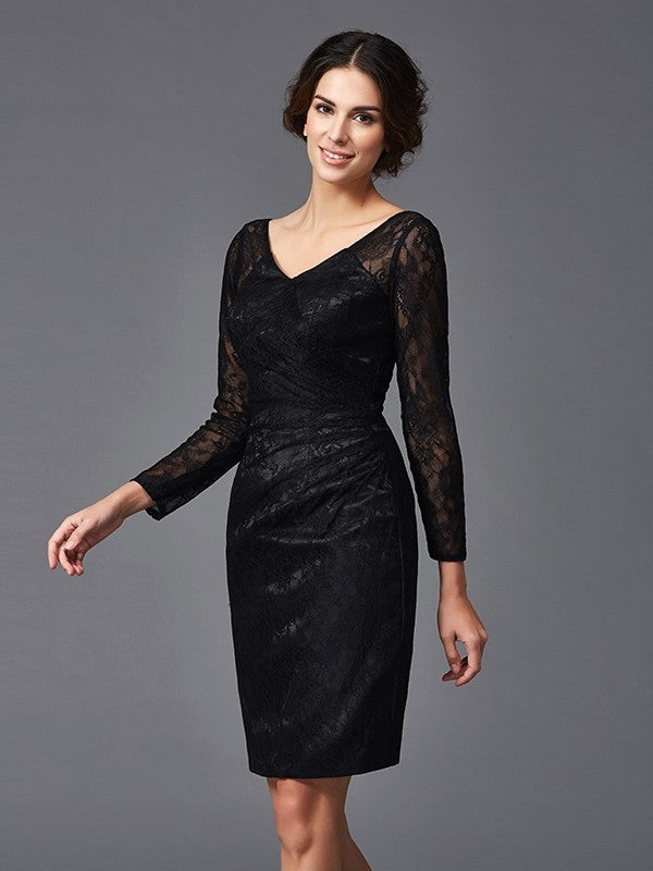 Sheath/Column V-neck Lace Long Sleeves Short  Woven Satin Mother of the Bride Dresses