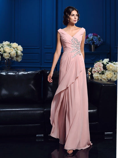 A-Line/Princess V-neck Beading Sleeveless Long Chiffon Mother of the Bride Dresses