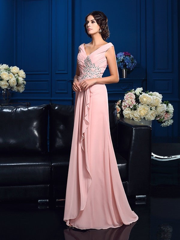 A-Line/Princess V-neck Beading Sleeveless Long Chiffon Mother of the Bride Dresses