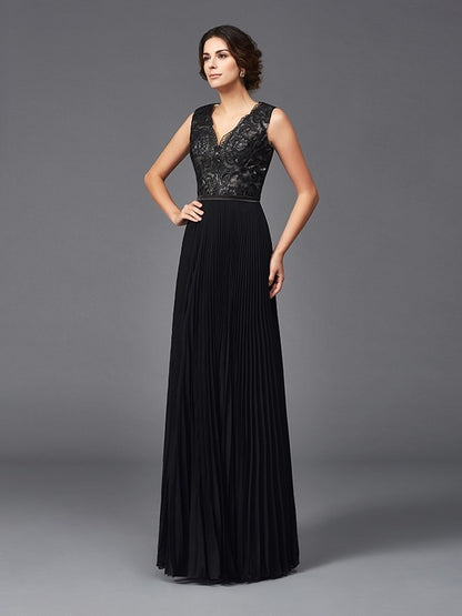 A-Line/Princess V-neck Lace Sleeveless Long Chiffon Mother of the Bride Dresses