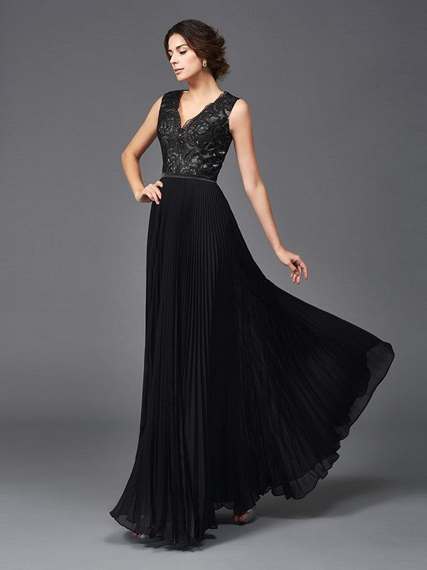 A-Line/Princess V-neck Lace Sleeveless Long Chiffon Mother of the Bride Dresses