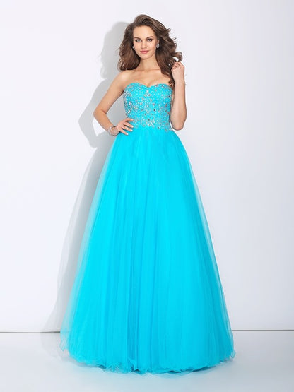 A-Line/Princess Sweetheart Rhinestone Sleeveless Long Satin Dresses