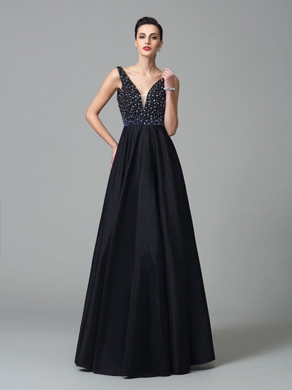 A-Line/Princess Straps Beading Sleeveless Long Taffeta Dresses